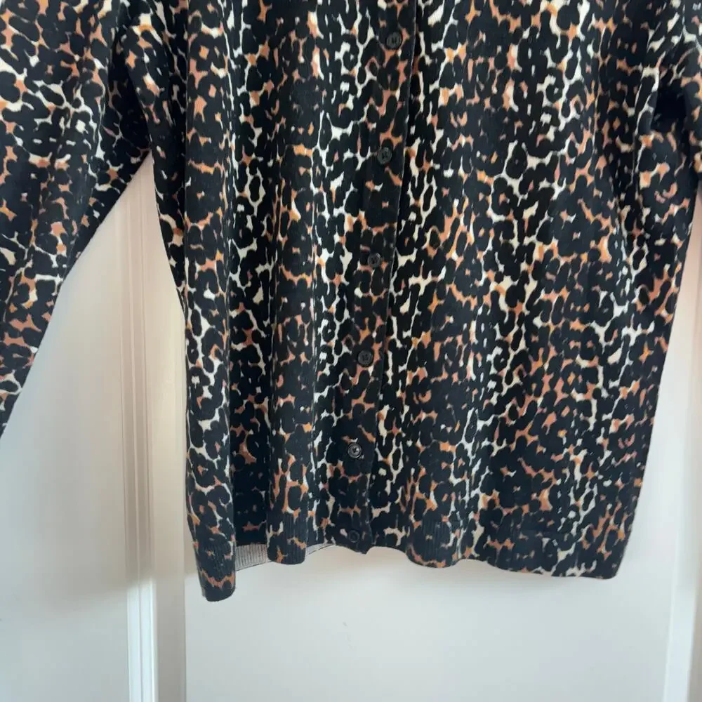 Talbots Leopard Print Cardigan Sweater L 100% Merino Wool Button Front